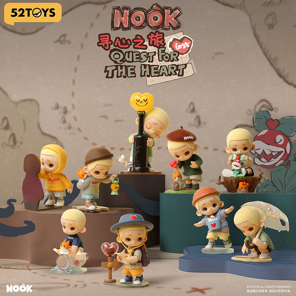 Collection of figurines from 'Nook: Quest for the Heart' by 52Toys on a decorative background.