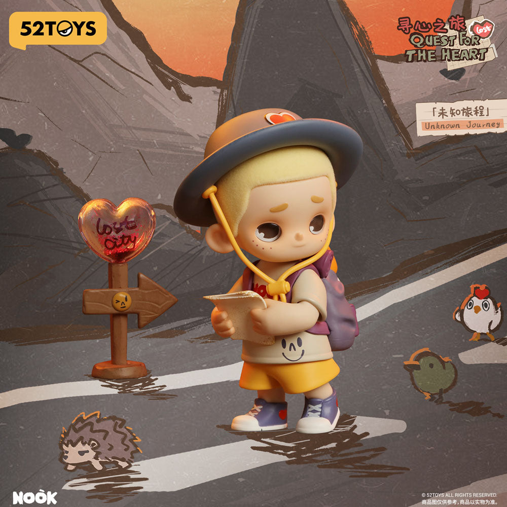 Animated character with a hat and backpack standing on a path with a heart sign and small creatures around.