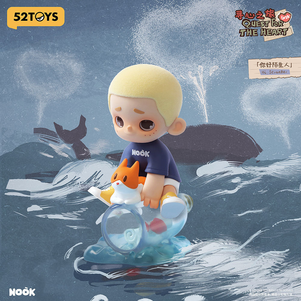 Toy figure of a child with a dog in a lifeboat, surrounded by water and sharks, with '52TOYS' branding.