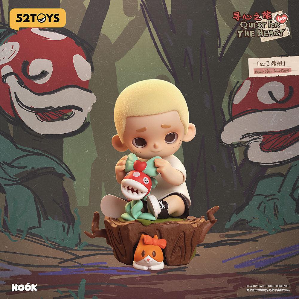 Toy figure of a child with a fish and a small creature on a log, surrounded by cartoonish mushrooms and characters.