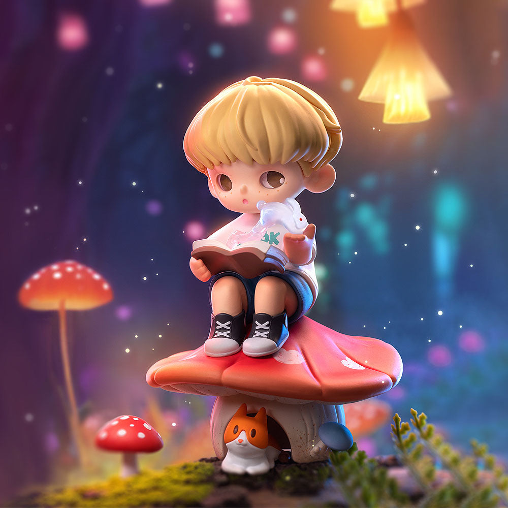 Illustration of a child sitting on a mushroom in a fantasy setting with glowing mushrooms and lights.
