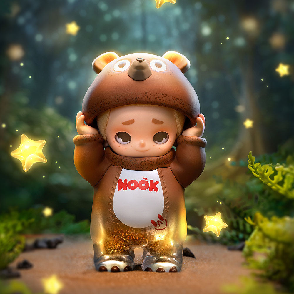 Animated character in a brown outfit with 'NOOK' on a forest background