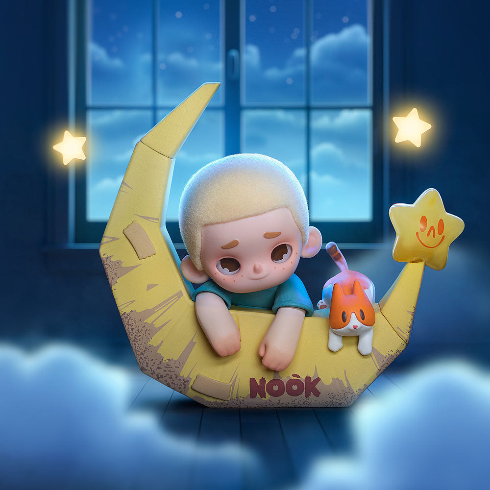 Animated character sitting on a crescent moon with stars and a window in the background