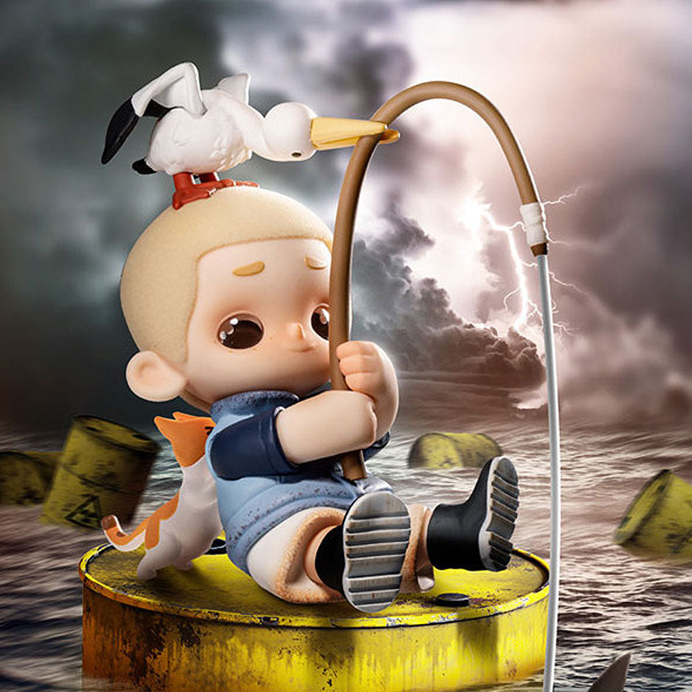 Animated character with a dog on a raft in a stormy sea