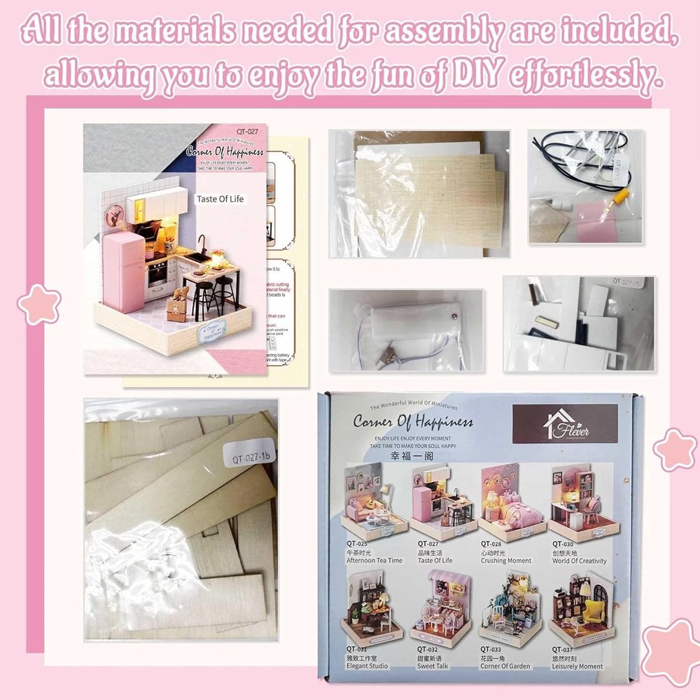 A detailed 3D DIY miniature kitchen model featuring a pink retro refrigerator, white cabinetry, and a small breakfast bar with stools