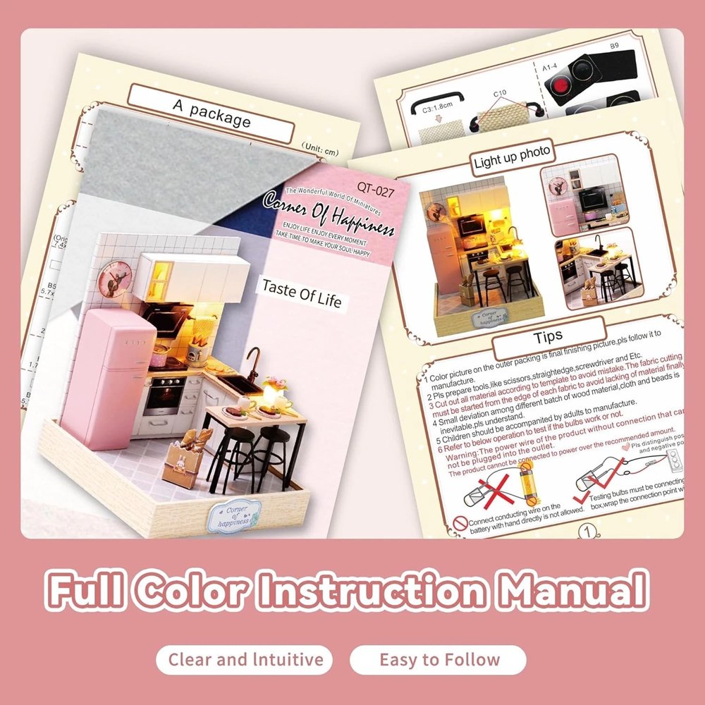 A detailed 3D DIY miniature kitchen model featuring a pink retro refrigerator, white cabinetry, and a small breakfast bar with stools