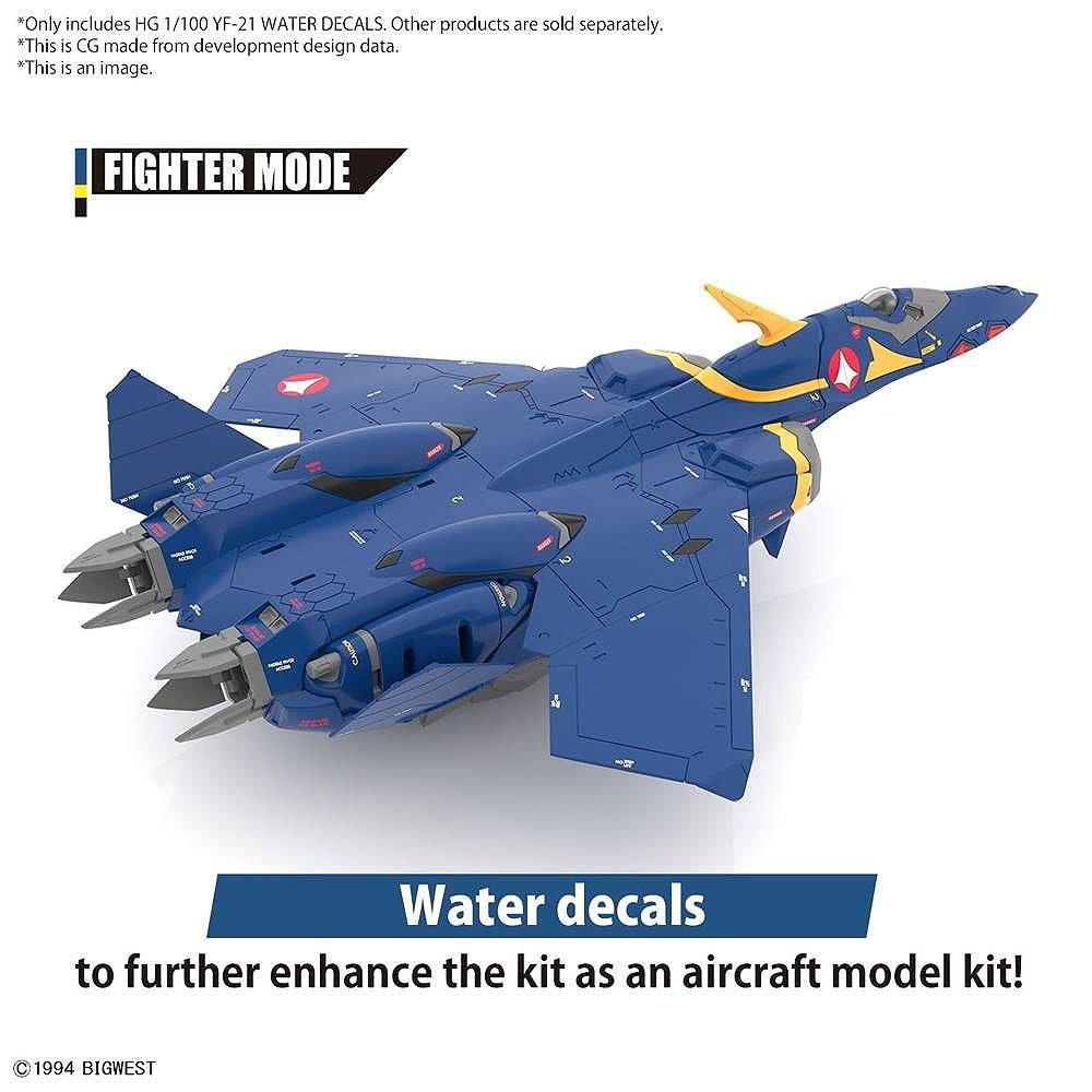 Blue YF-21 Macross model showing U.N. SPACY logos and yellow markings from the water decal set