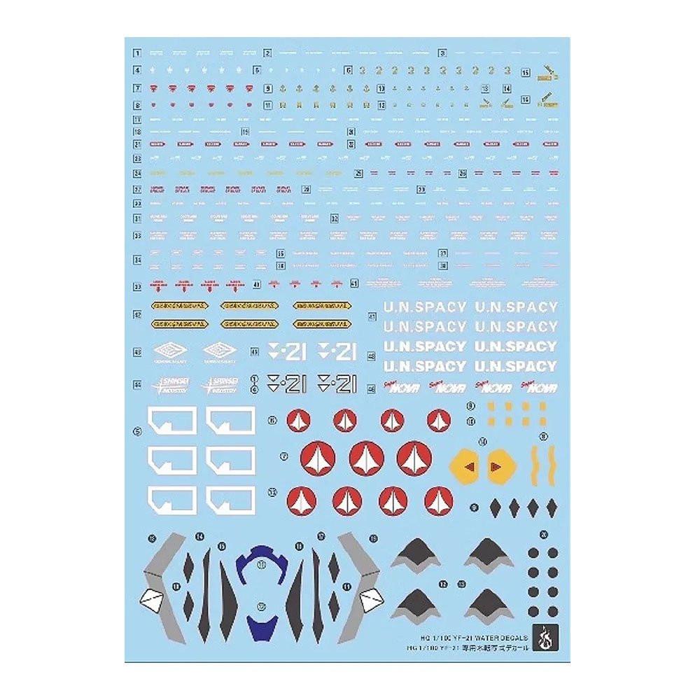 Bandai HG 1/100 YF-21 Water-Slide Decals - Macross Plus model kit markings and U.N. SPACY logos