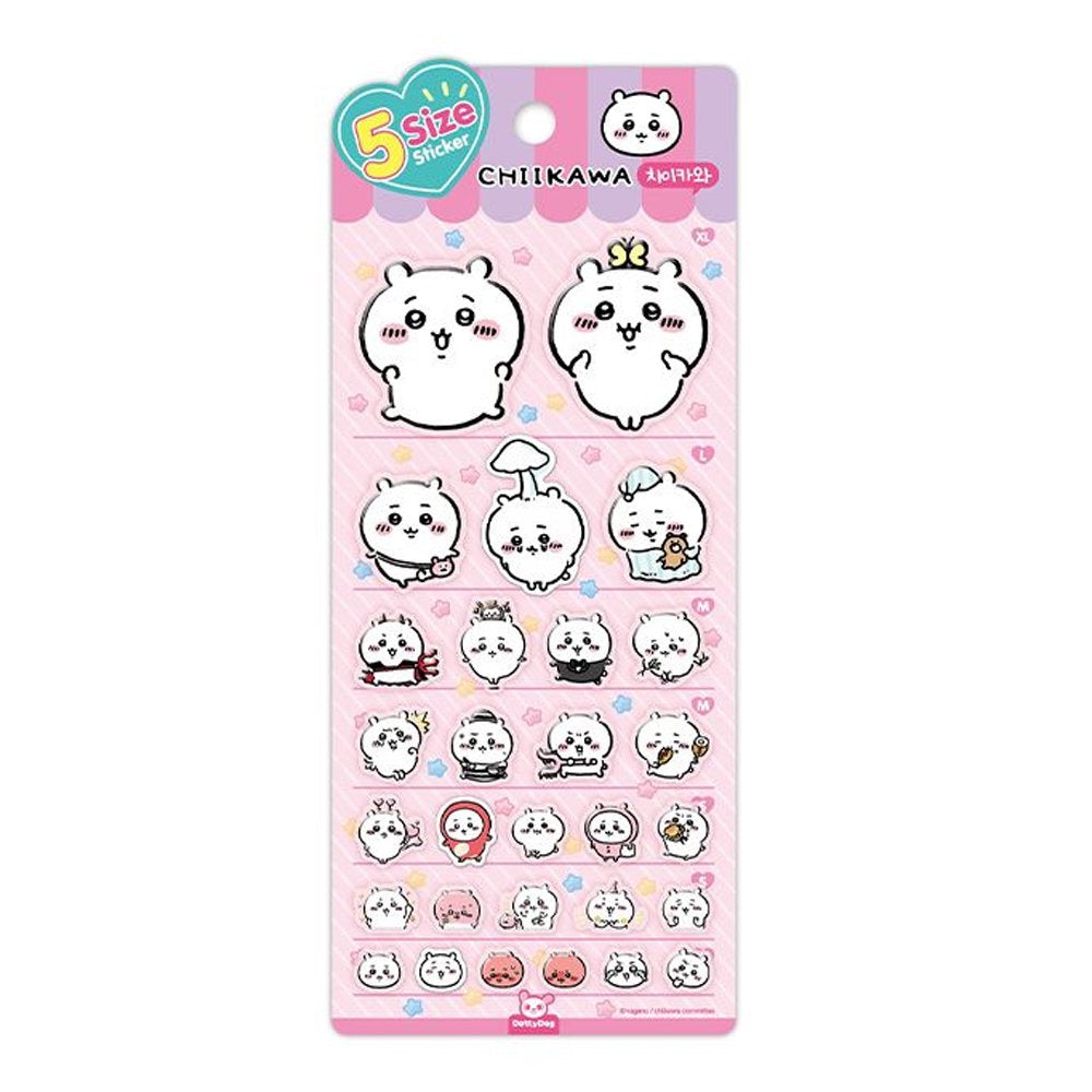 A close-up photograph of a pastel pink, decorative sticker sheet featuring multiple illustrations of the character Chiikawa in five different sizes. A hand with a knuckle ring is shown peeling a large sticker of Chiikawa from the sheet, which contains various designs of Chiikawa in multiple poses and expressions. The background is a soft blue, creating a gentle contrast. The packaging header reads '5 Size Sticker' and 'CHIIKAWA'.
