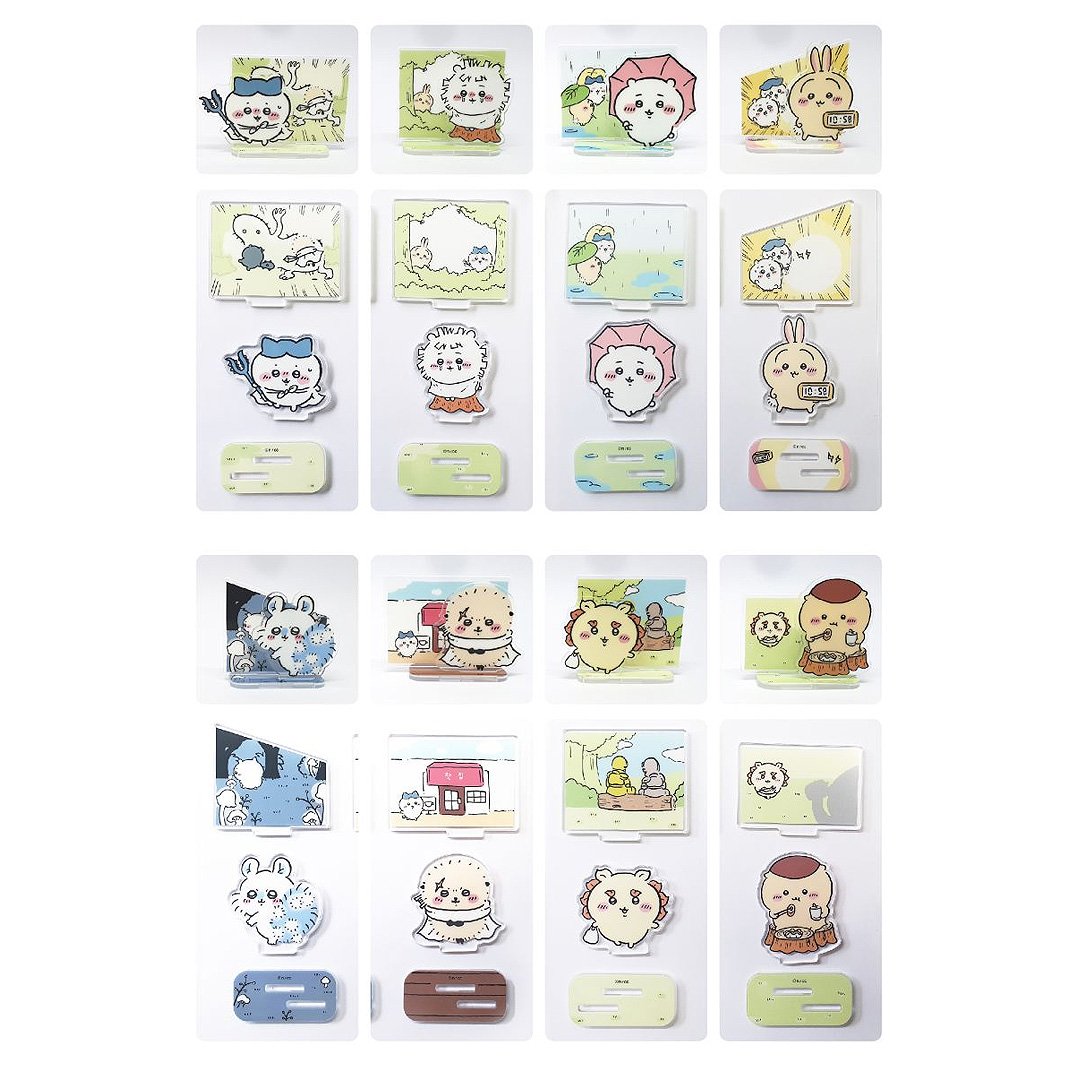Full collection of Chiikawa Acrylic Stand Blind Bag featuring 8 scenes with Chiikawa, Hachiware, Usagi, Kuri-Manju, Momonga, Shisa, and Rakko