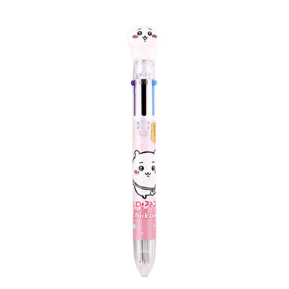 The officially licensed Chiikawa multi-color ballpoint pens in blue, pink, and yellow barrels. Each pen features a 3D character topper of Hachiware, Chiikawa, or Usagi and contains six different ink colors.