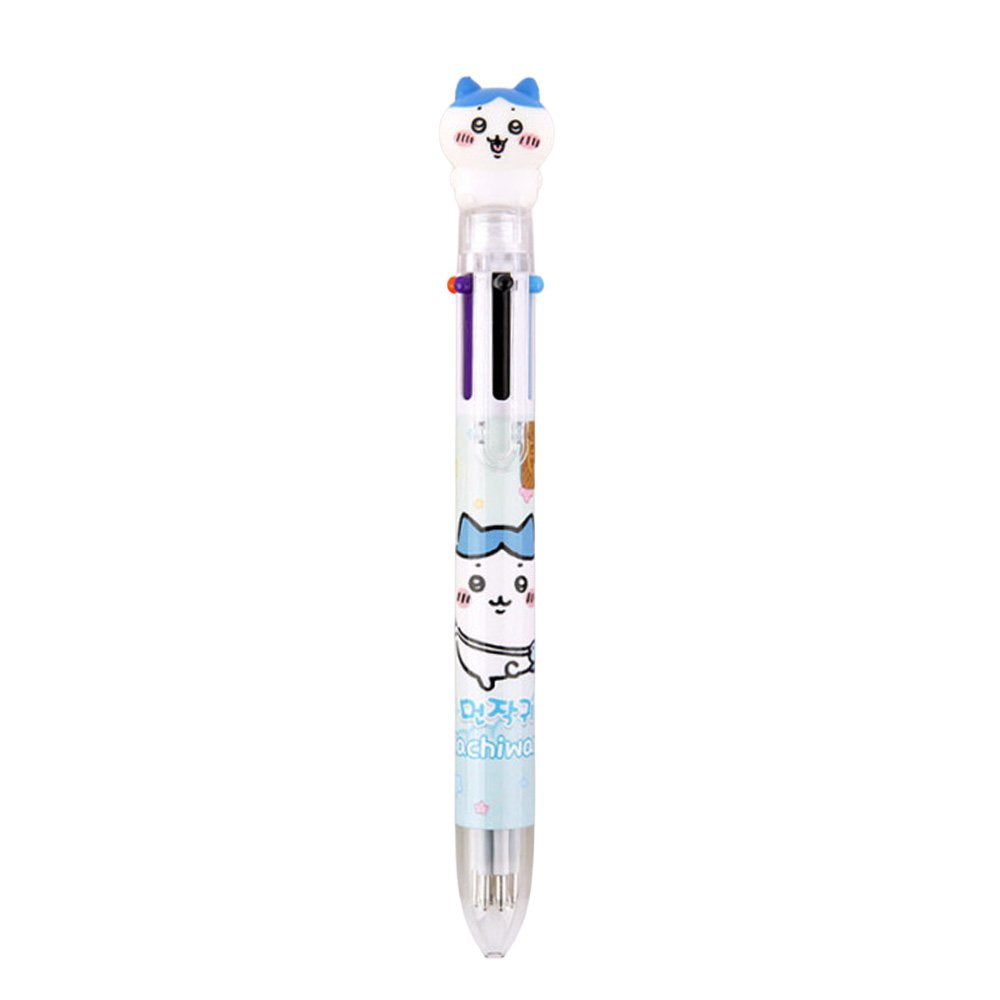 The officially licensed Chiikawa multi-color ballpoint pens in blue, pink, and yellow barrels. Each pen features a 3D character topper of Hachiware, Chiikawa, or Usagi and contains six different ink colors.