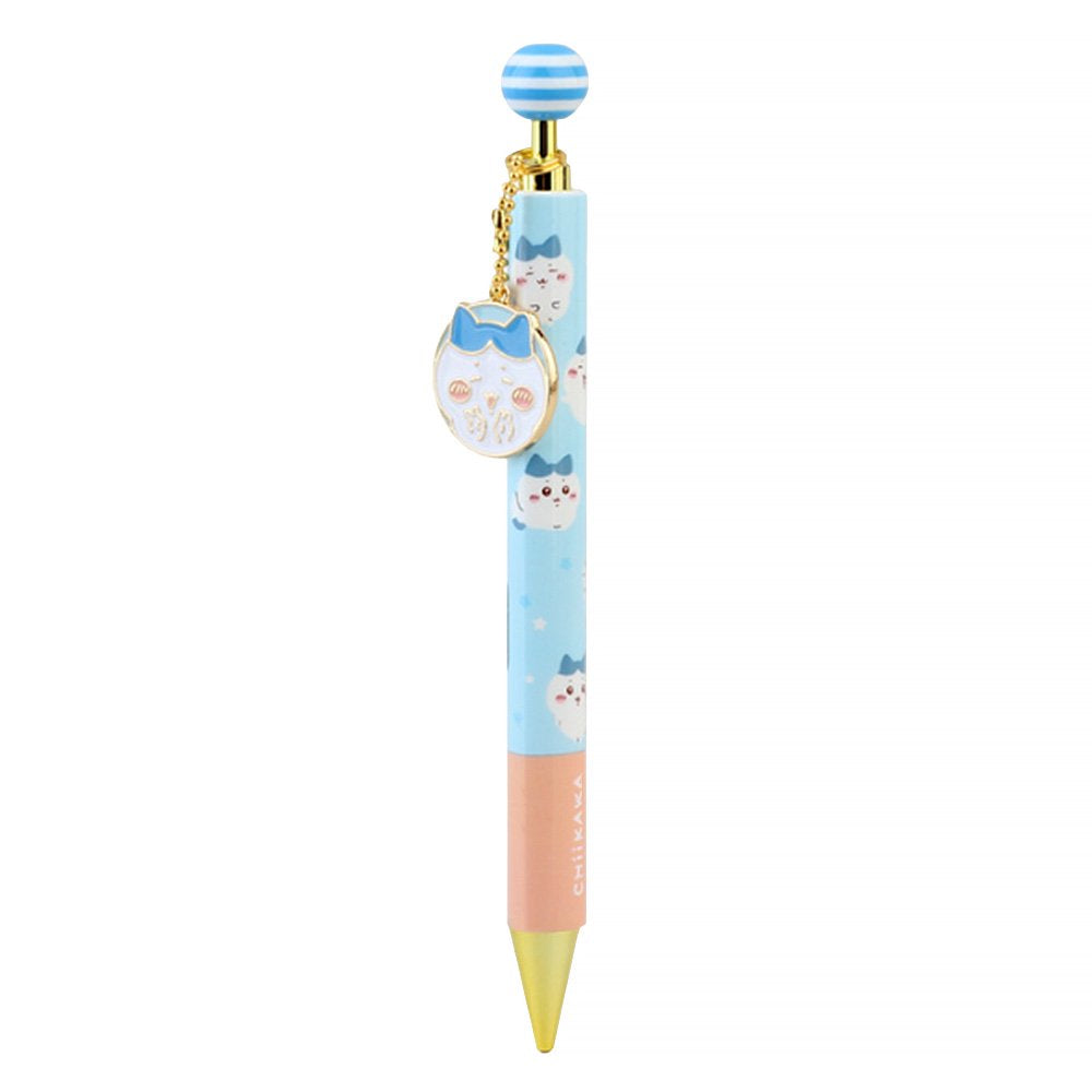 An official licensed collection of Chiikawa mechanical pencils in pink, blue, and yellow. Each pencil features a matching striped ball topper and a dangling enamel character charm of Chiikawa, Hachiware, or Usagi.