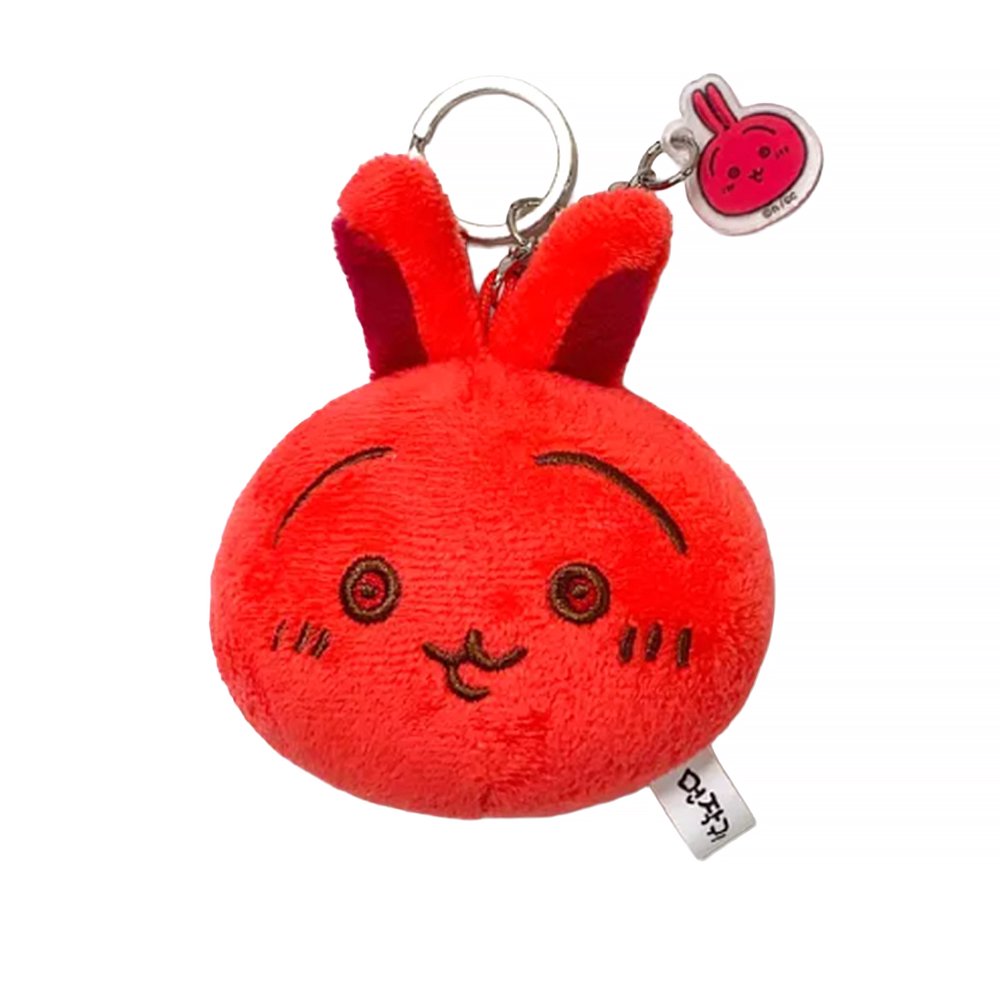 The officially licensed Usagi plush mirror keychains featuring two circular plush heads, one yellow and one red, show Usagi's embroidered face and long ears. The reverse side of the plush, revealing a built-in circular vanity mirror with a metal ring and a small character-themed acrylic charm.