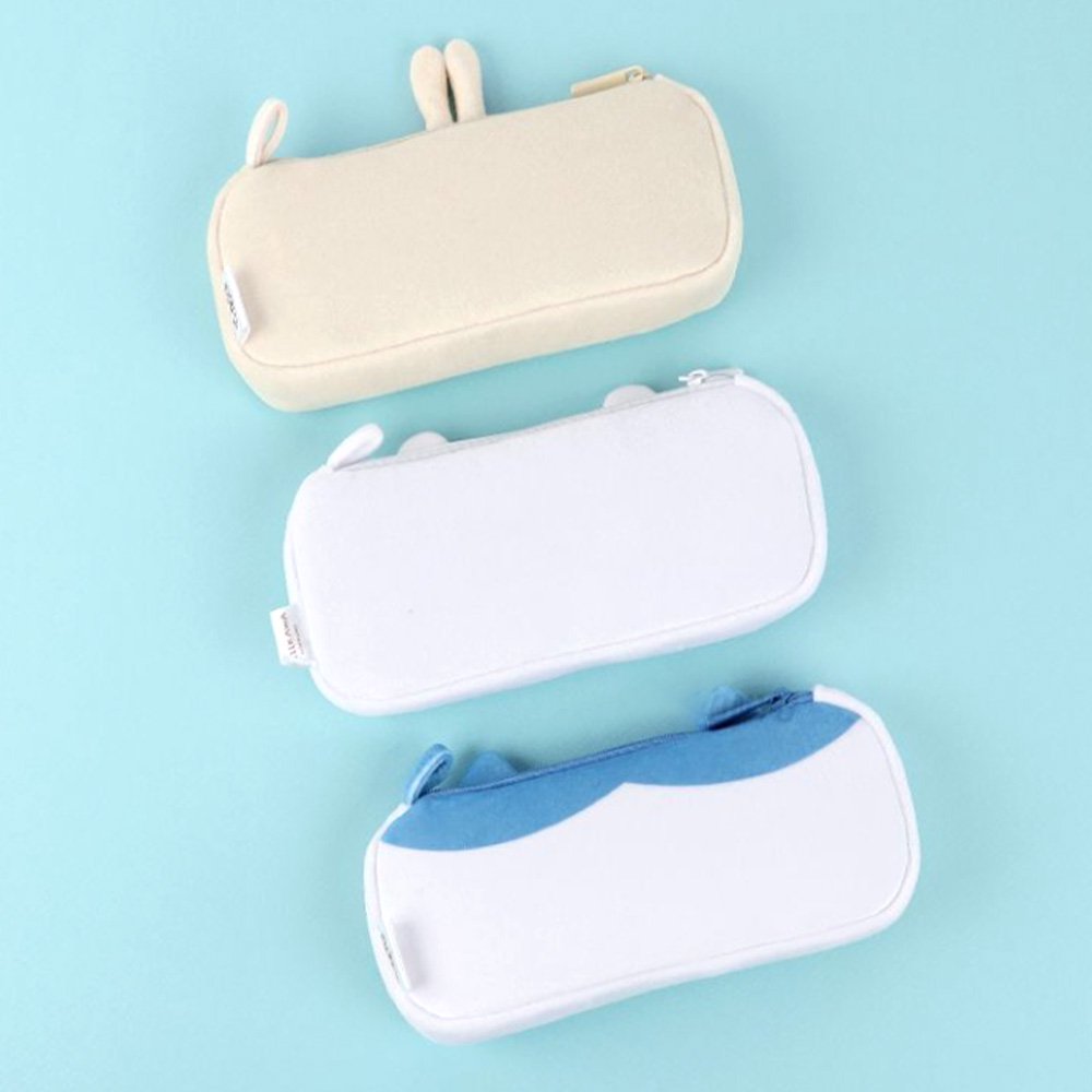 Three officially licensed plush Chiikawa character pencil cases featuring: the yellow-colored with Usagi's face and long ears; the white with Chiikawa's face; the white and blue with Hachiware's face and blue ears. Each pouch features embroidered eyes, pink cheeks, and a top zipper.