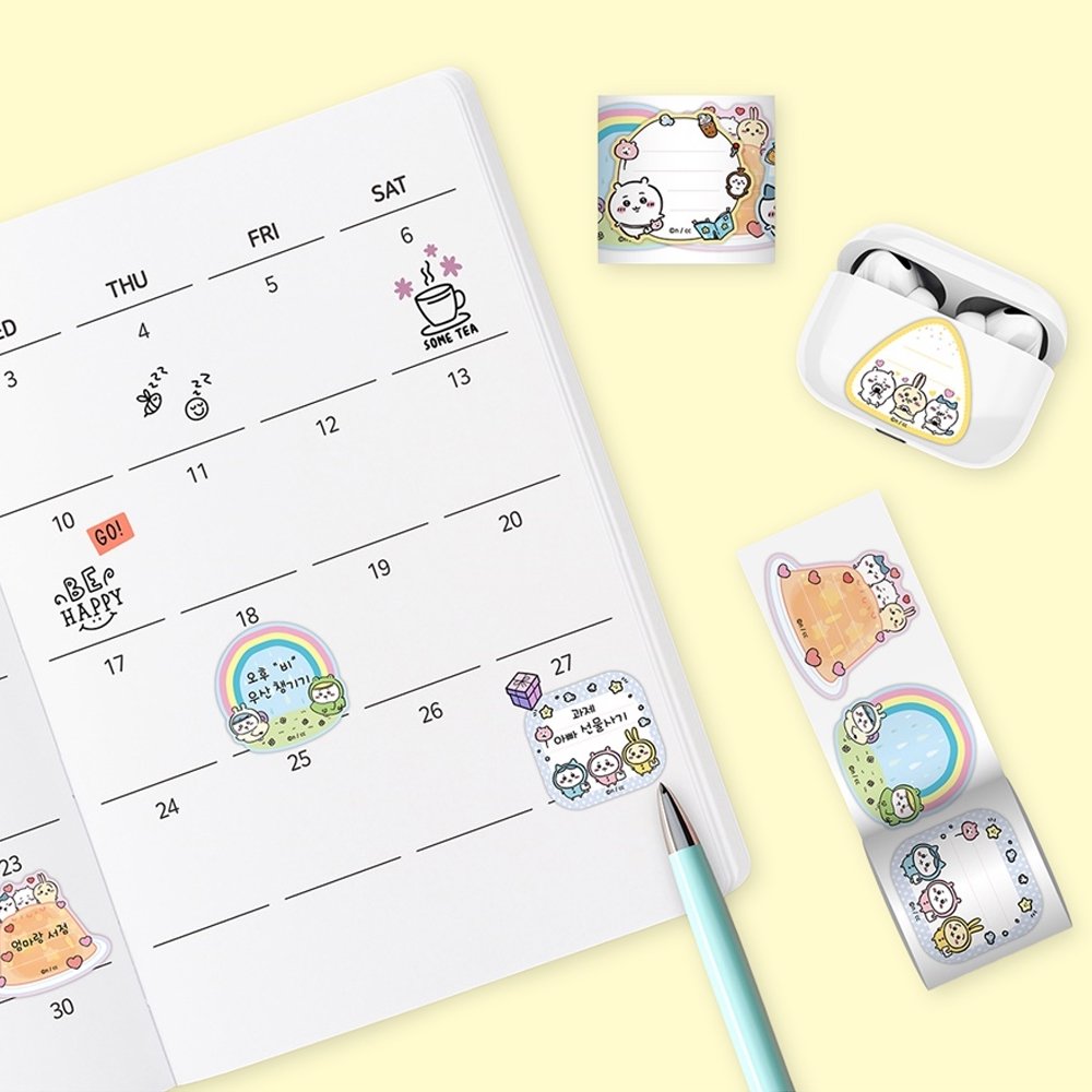 Officially licensed Chiikawa masking tape memo sticker roll in yellow packaging surrounded by peel-off die-cut memo stickers featuring Chiikawa, Hachiware, and Usagi