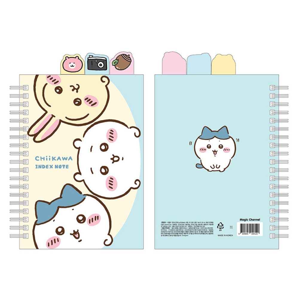 Officially licensed Chiikawa spiral notebooks with index tabs, featuring Chiikawa studying on a pink cover, while the other shows the trio on a yellow and blue background; both include built-in tabs shaped like a bear, a camera, and an acorn.