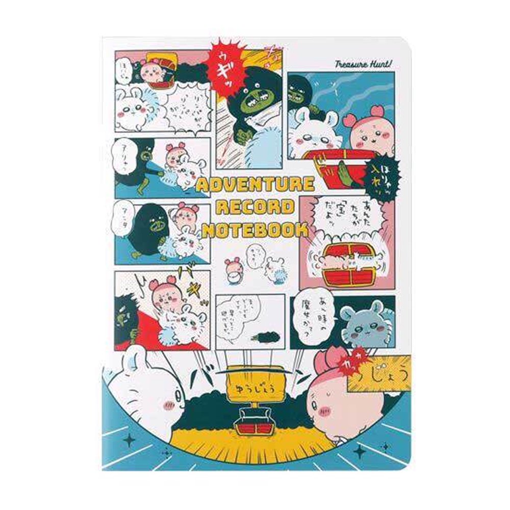 Officially licensed Chiikawa "Adventure Record Notebooks" featuring colorful comic book panel covers. The open notebook reveals interior pages with structured writing boxes decorated with teal character illustrations and header icons.