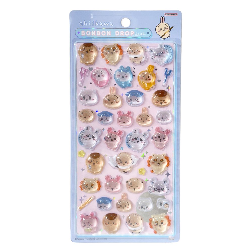 Four colorful officially licensed Chiikawa and Friends Bonbon Drop 3D resin sticker sheets, featuring Chiikawa, Hachiware, Usagi, and other fan-favorite friends in cute poses