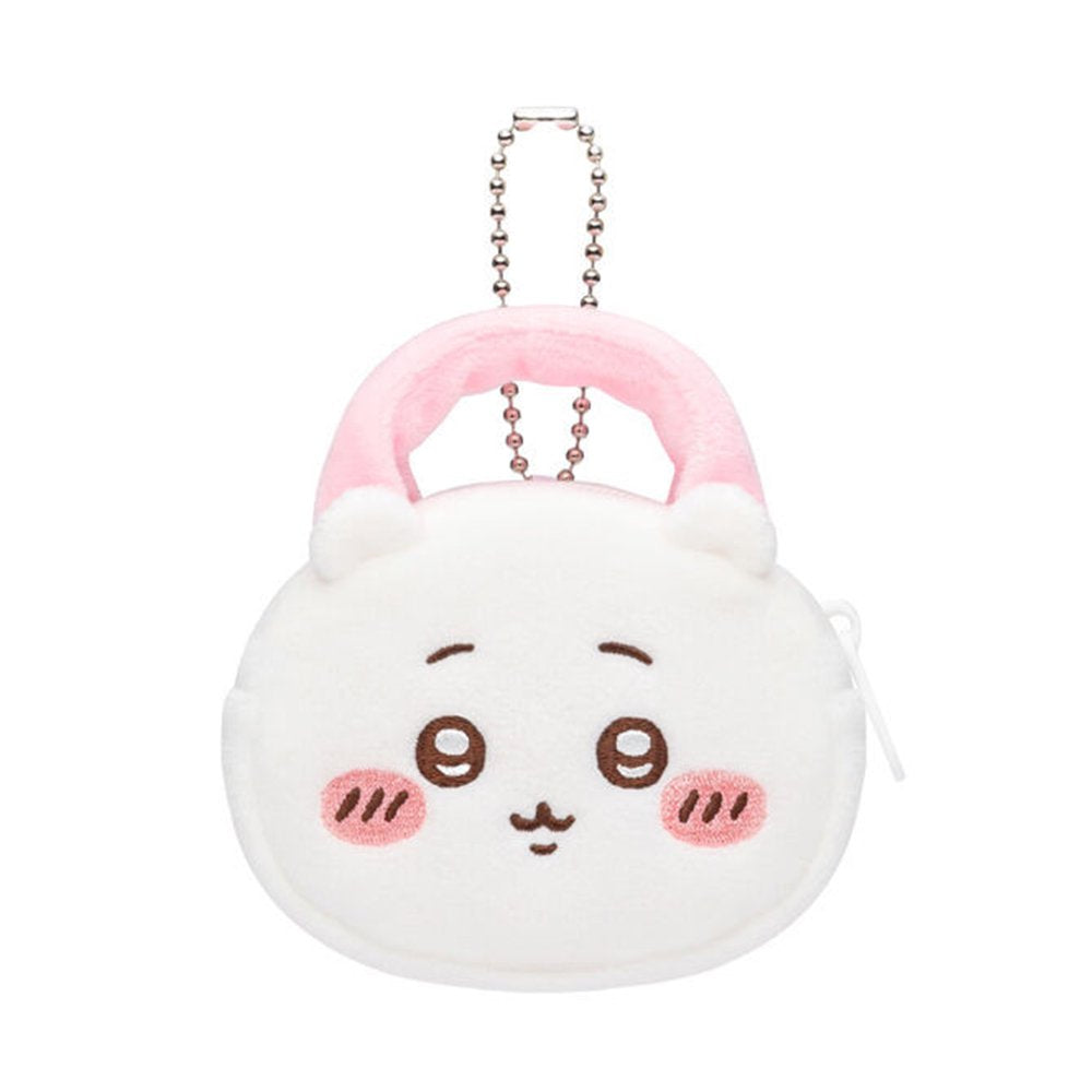 An officially licensed Chiikawa and Friends fluffy mini pouch keychain, featuring the white, round pouch features Chiikawa's face with embroidered details, plush ears, and a silver ball chain for hanging.