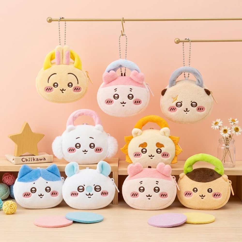 A collection of eight officially licensed Chiikawa plush mini pouch keychains featuring characters like Chiikawa, Hachiware, Usagi, Racco, Momonga, Kurimanju, Shisa, and Kani. Each colorful, rounded pouch has a small handle, a silver ball chain, and detailed embroidered facial expressions.