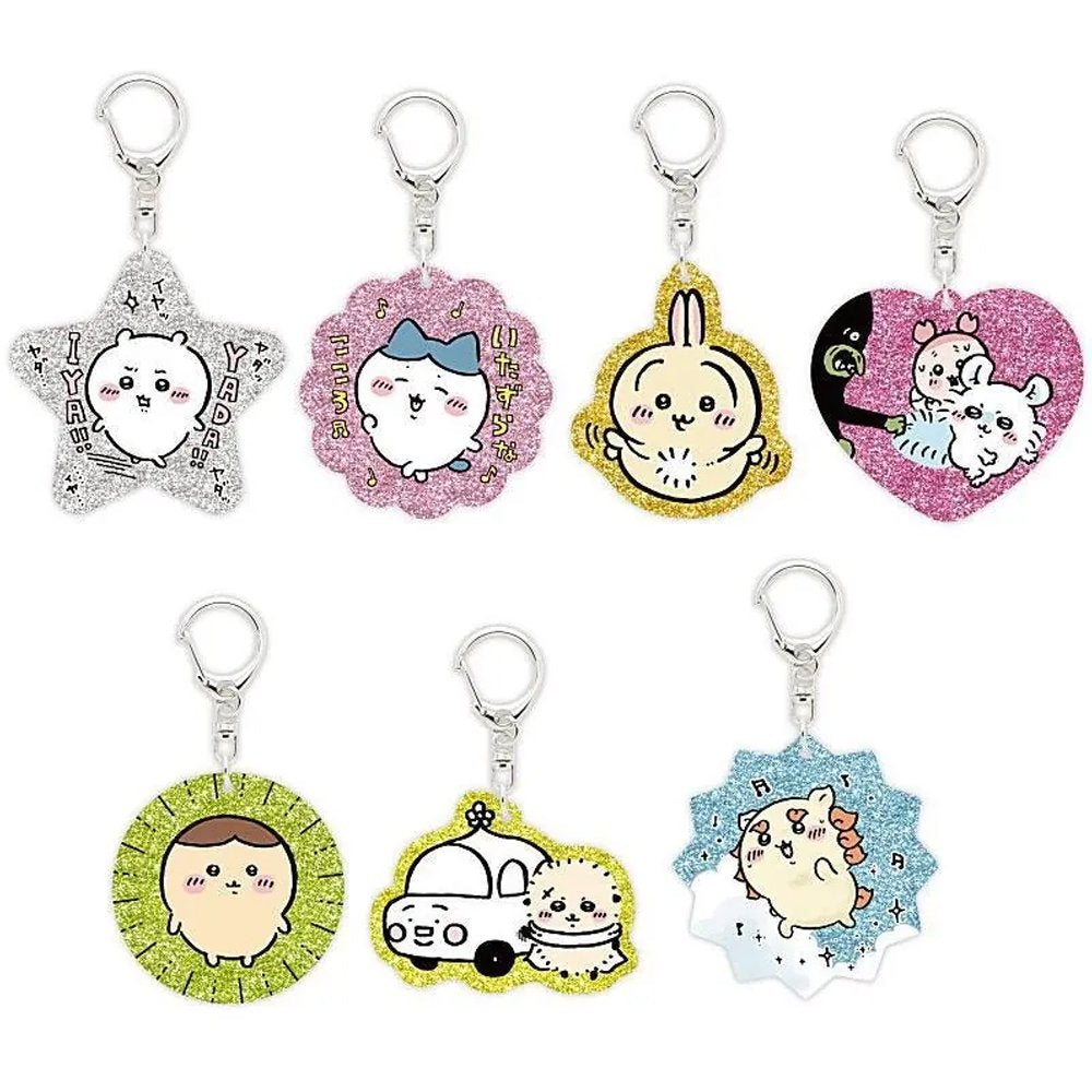 Officially licensed Chiikawa glitter acrylic keychains featuring sparkling star, heart, and scalloped shaped charms with Hachiware, Chiikawa, Usagi, and Momonga