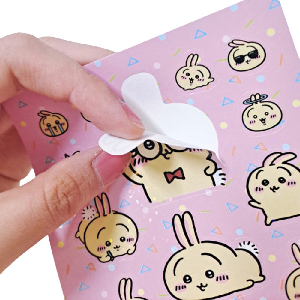 An officially licensed Chiikawa Seal Sticker Book featuring eight different sticker sheets inside, each filled with various colorful character designs, expressions, and themed illustrations.