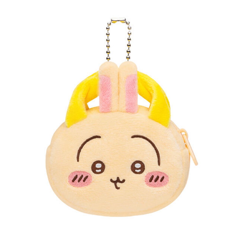 An officially licensed Chiikawa and Friends fluffy mini pouch keychain, featuring the yellow, round pouch features Usagi's face with embroidered details, plush ears, and a silver ball chain for hanging.