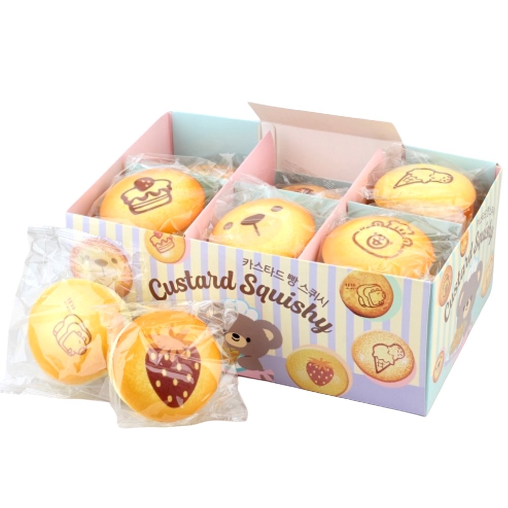 Custard Bun Squishy toys styled like golden baked custard bread with printed bear and dessert illustrations