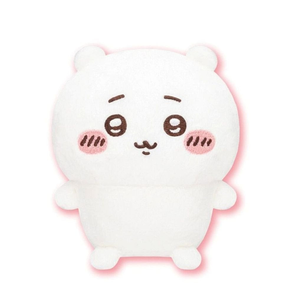 Front view of the officially licensed Chiikawa sitting plush toy from the Vol. 1 blind box series. A soft, round, white plush character with blushing pink cheeks, small ears, and an adorable smiling expression sitting upright on a white background