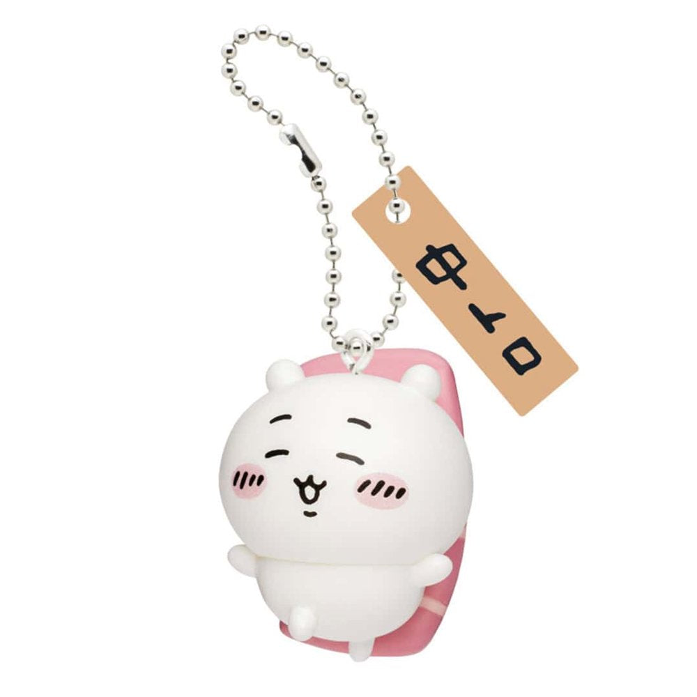 Front view of the officially licensed Chiikawa tuna sushi keychain from the blind box series. White Chiikawa figure wearing a pink tuna (Chutoro) slice on its back, attached with a silver ball chain and Japanese wooden name tag