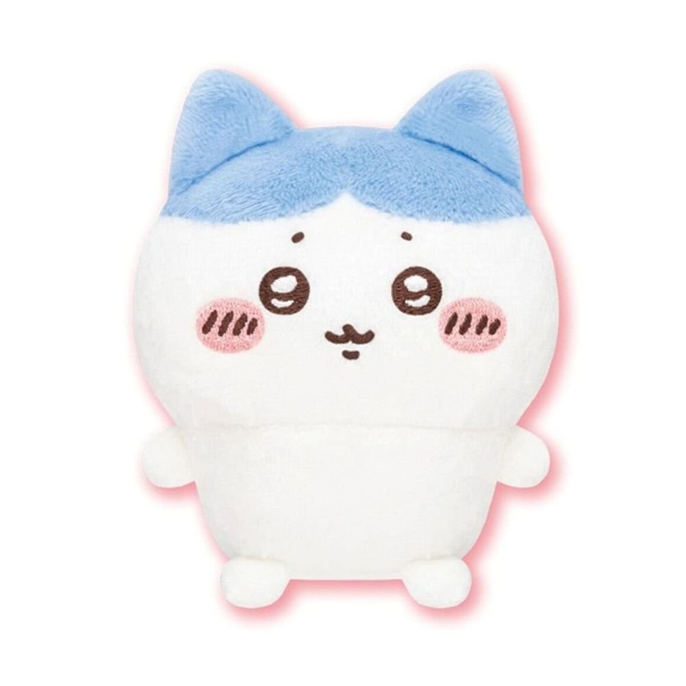 Front view of the officially licensed Hachiware sitting plush toy from the Chiikawa Vol. 1 blind box series. A white plush character featuring distinctive blue ears, a blue pattern on its head, rosy cheeks, and a happy expression sitting on a white background.