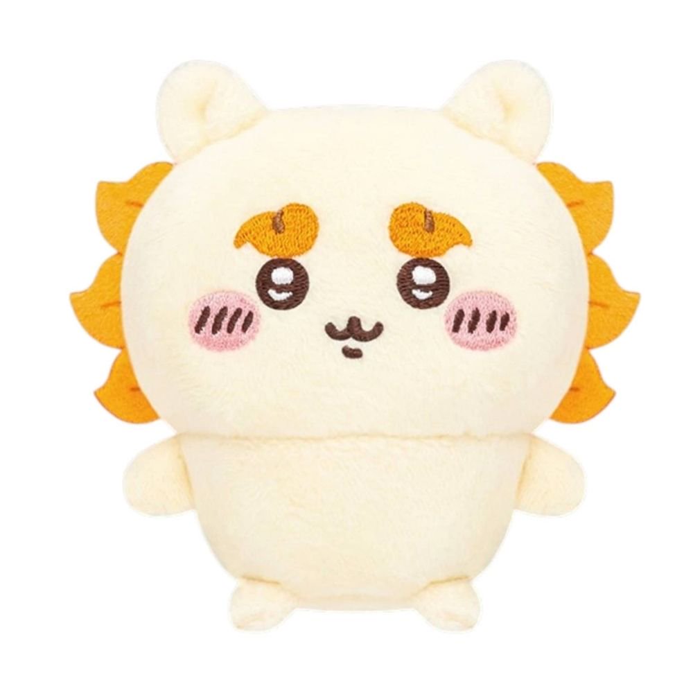Front view of the officially licensed Shisa sitting plush toy from the Chiikawa Vol. 1 blind box series. A soft cream-colored plush character with a yellow-orange mane, bushy eyebrows, and pink blushed cheeks sitting on a white background.