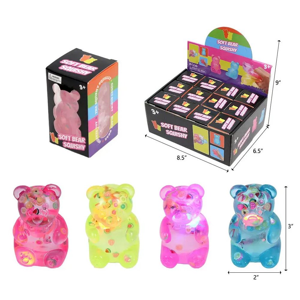 Translucent gummy bear-shaped squishy stress toys filled with sparkling glitter in pink, blue, yellow, and purple