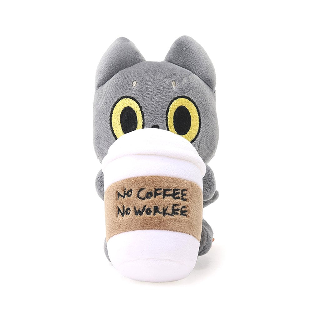 An officially licensed 6-inch Hakongee cat plush by WSL hugging a large white coffee cup that reads "No Coffee, No Work."
