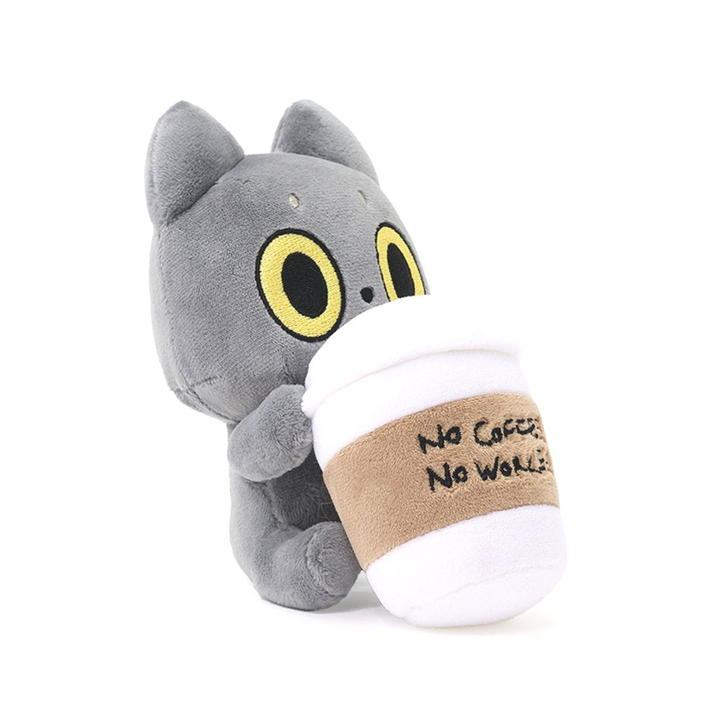 An officially licensed 6-inch Hakongee cat plush by WSL hugging a large white coffee cup that reads "No Coffee, No Work."