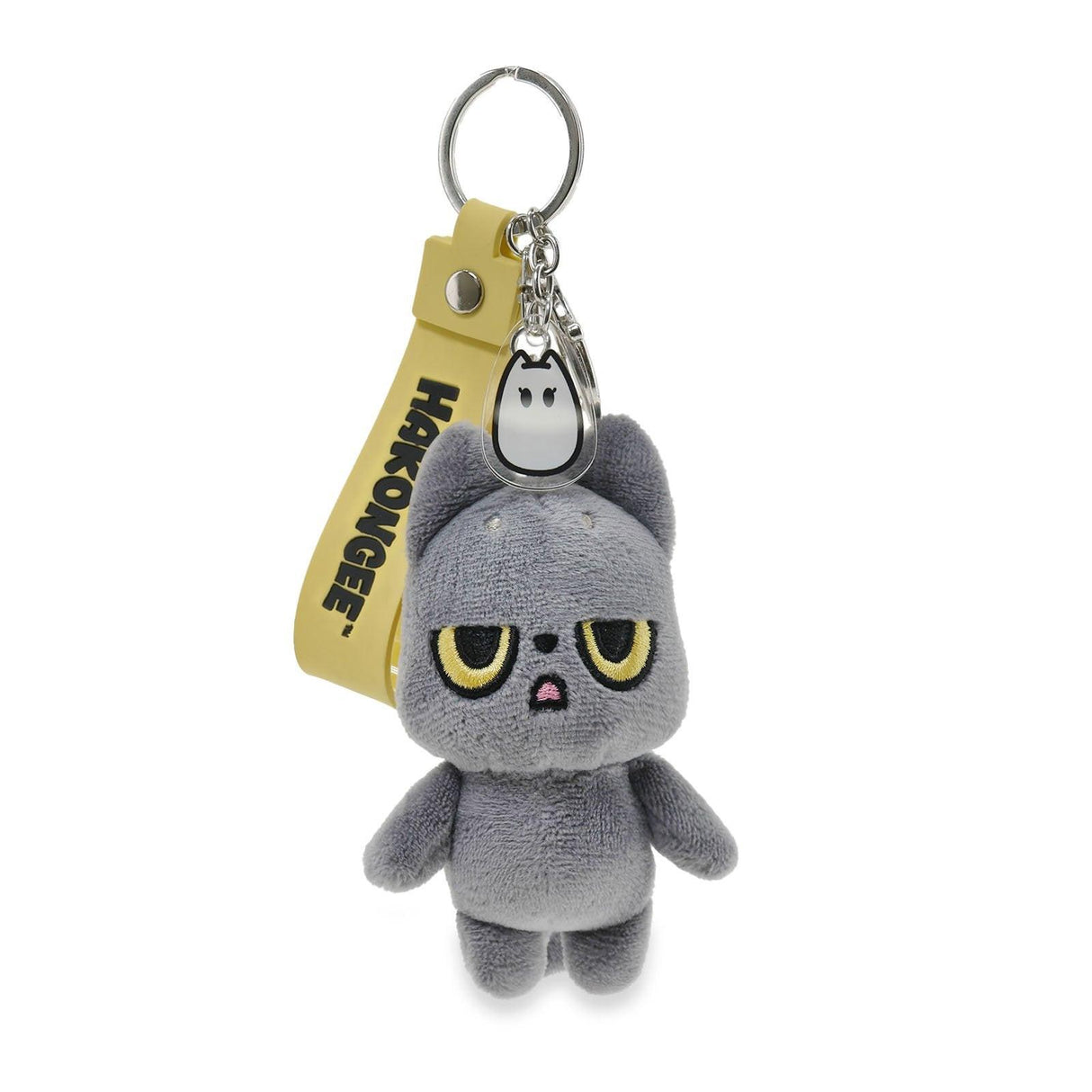Plush keychain with a black cat design and yellow strap on a white background