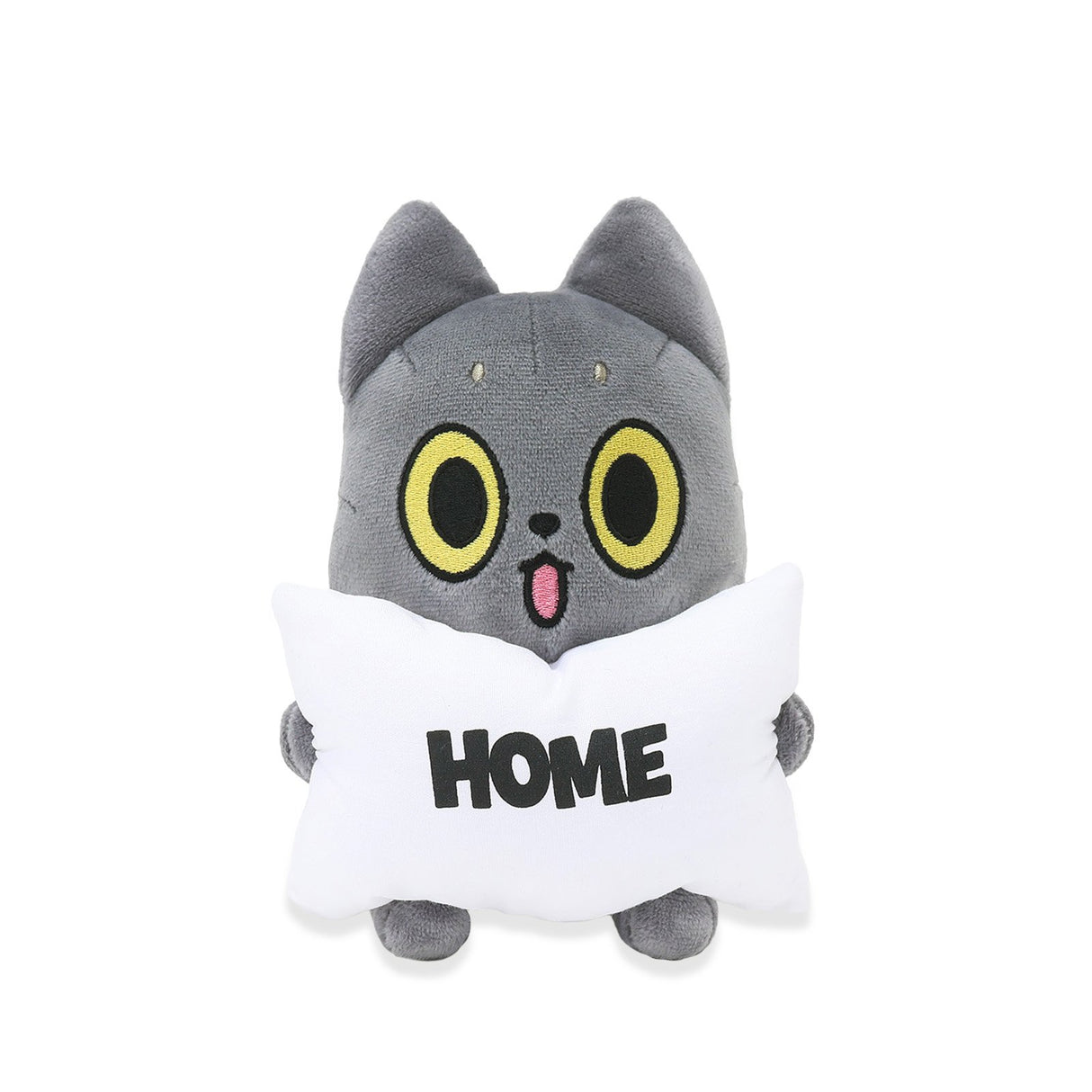 Black Cat Plush toy cat holding a pillow with 'HOME' text on a white background