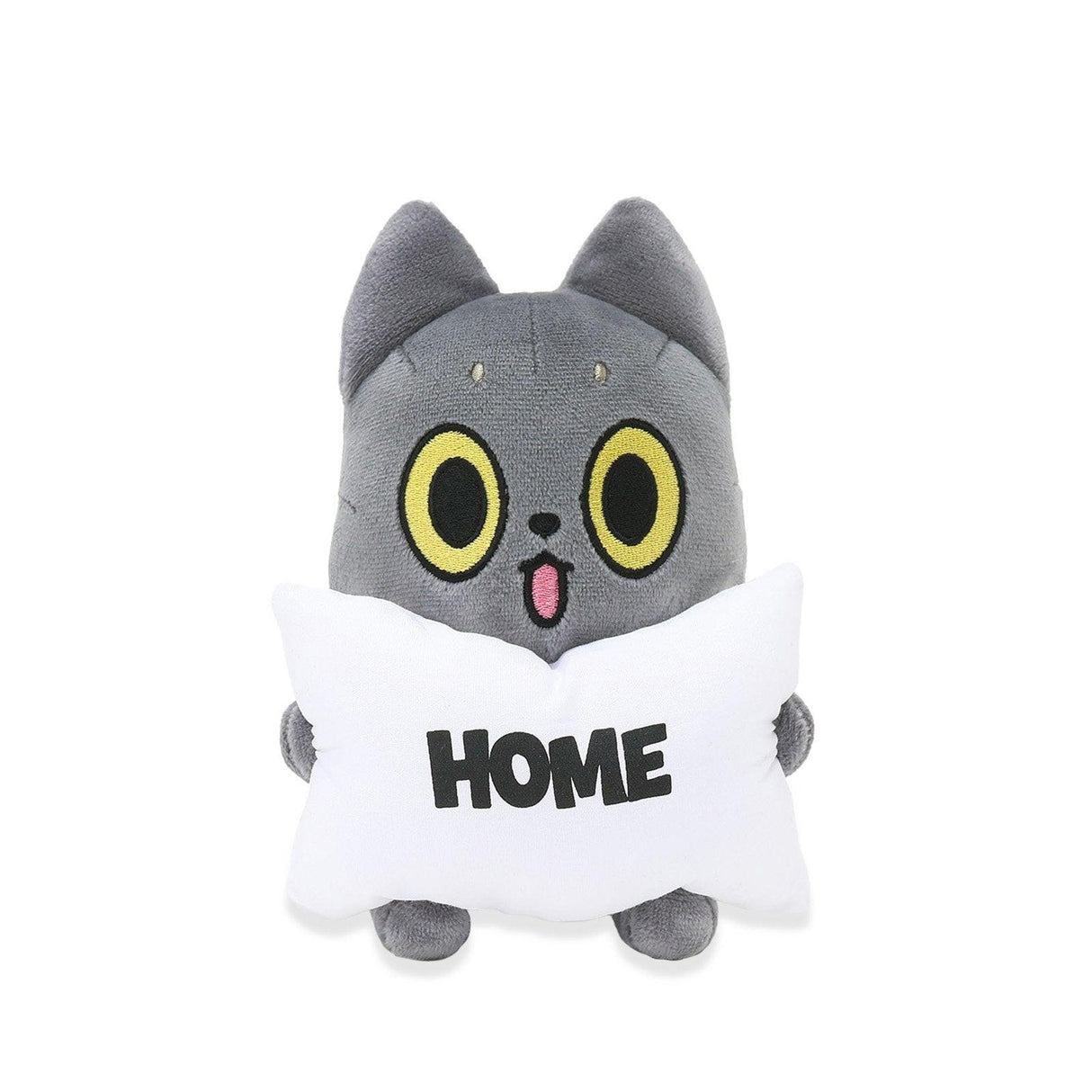 Black Cat Plush toy cat holding a pillow with 'HOME' text on a white background