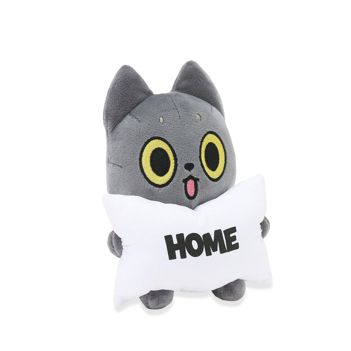 Black Cat Plush toy with a cat-like design holding a sign that says 'HOME' on a white background