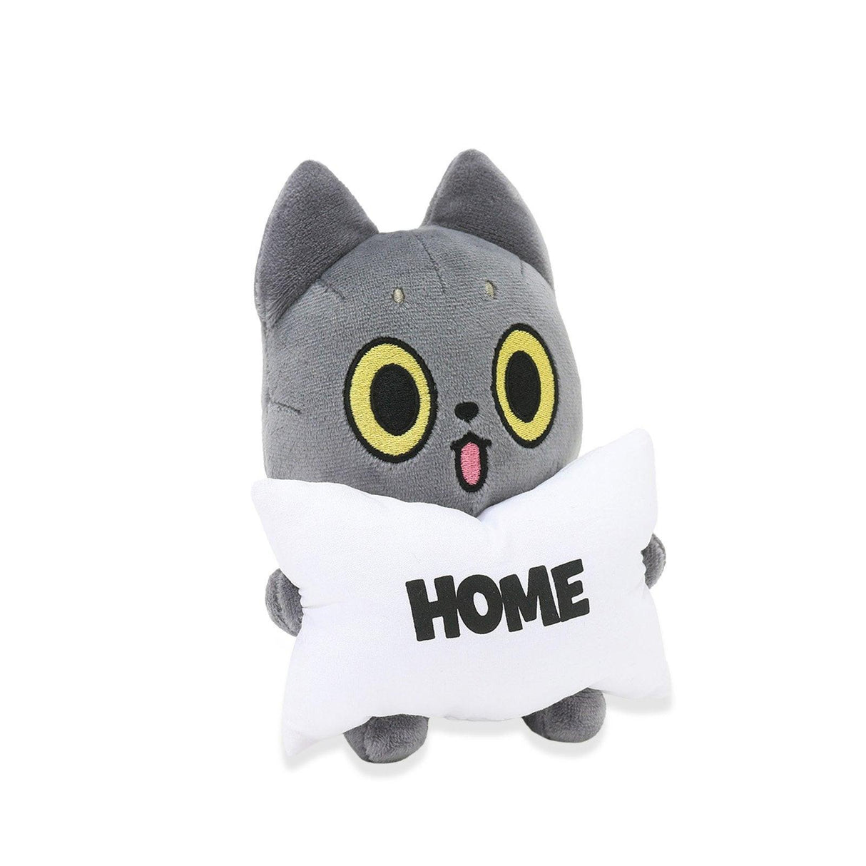 Black Cat Plush toy with a cat-like design holding a sign that says 'HOME' on a white background
