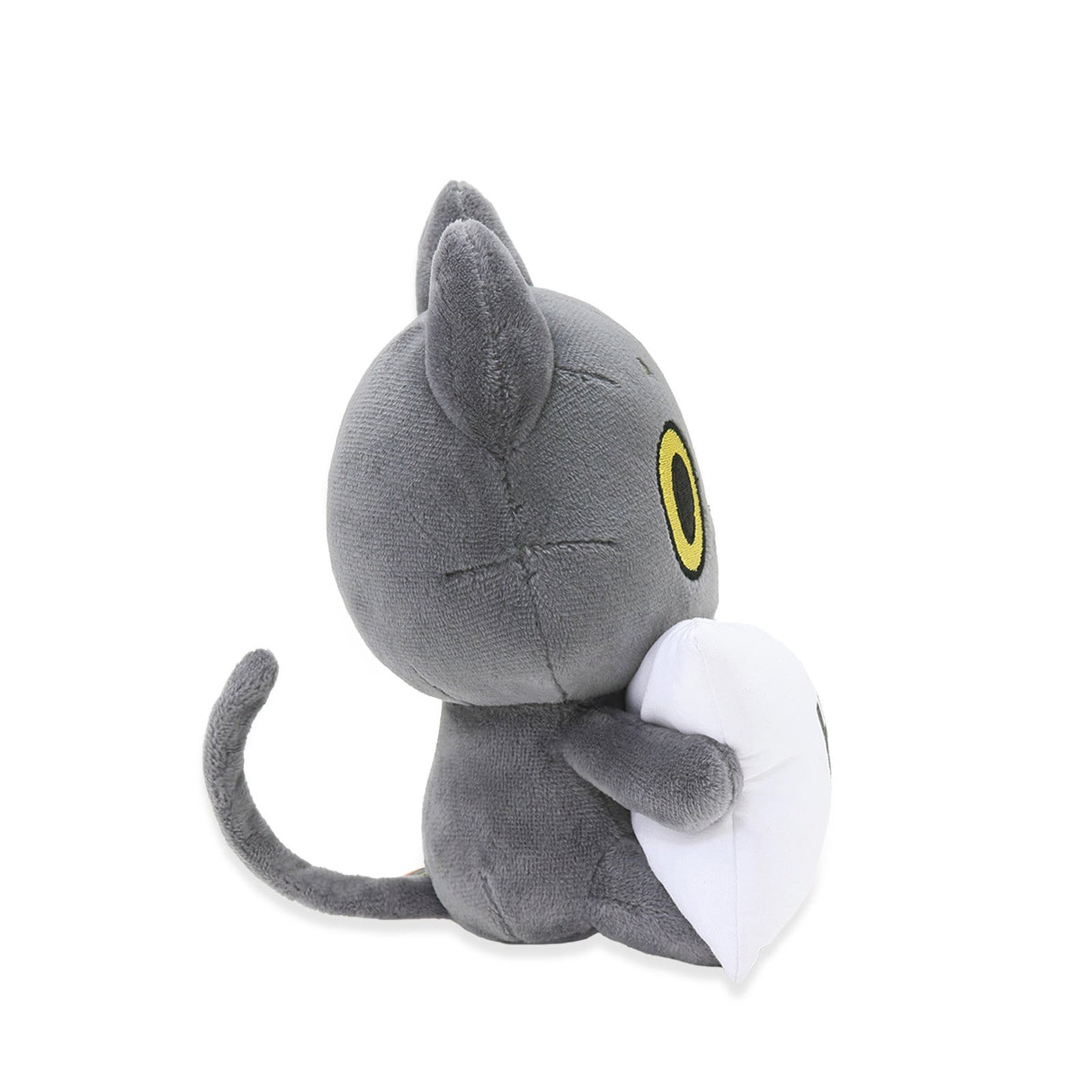 Black cat plush toy with a yellow eye on a white background