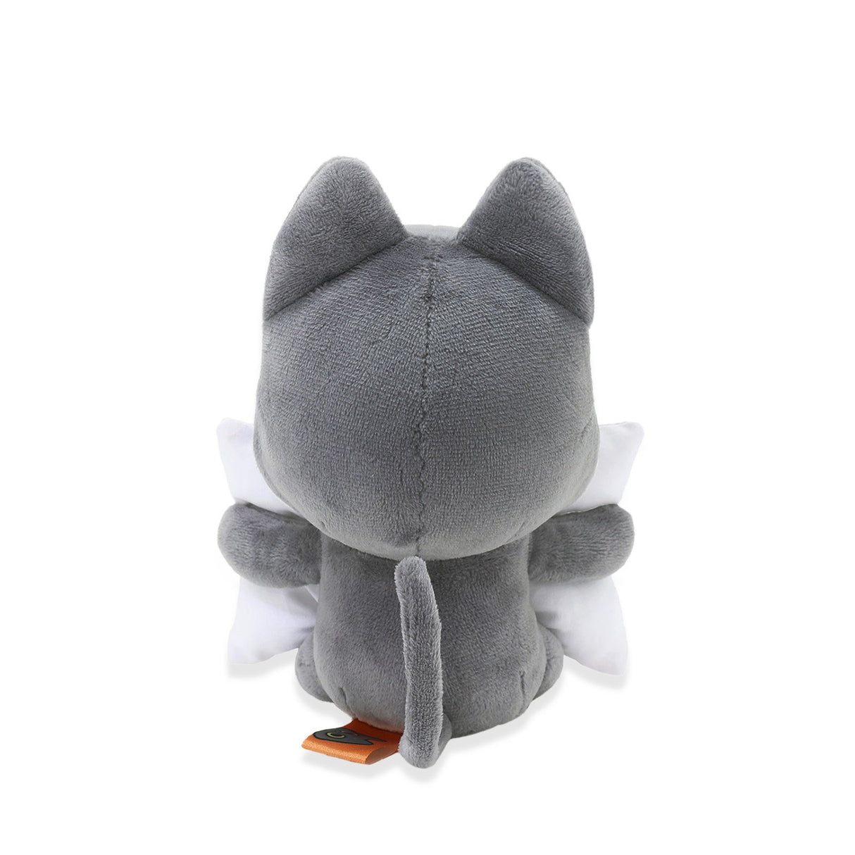 Black cat plush toy with a white cape on a white background