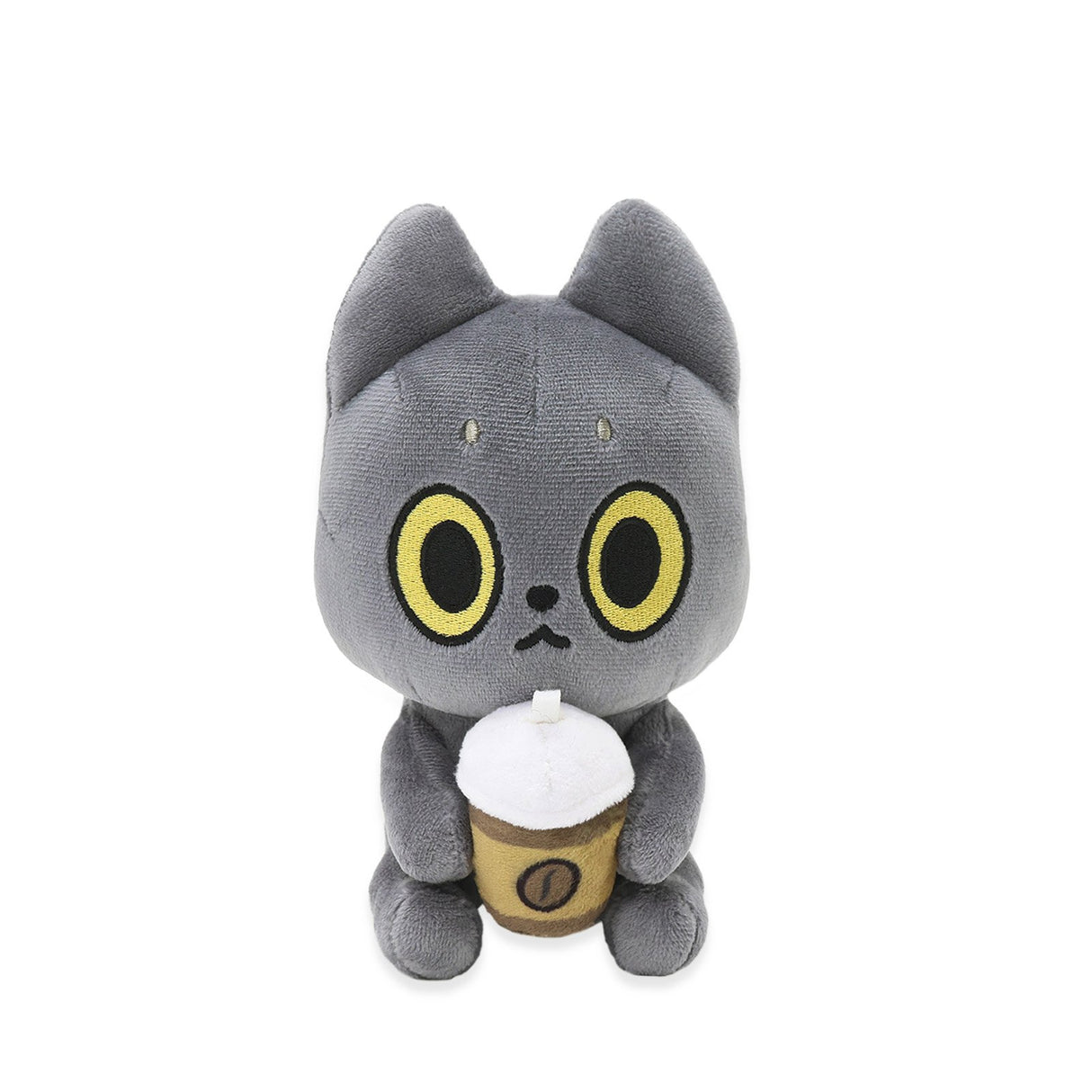 Black Cat plush toy with yellow eyes holding a ice cream cone on a white background