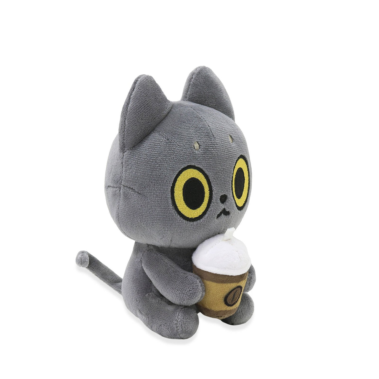 Black Cat plush toy with yellow eyes holding a Ice Coffee cup on a white background