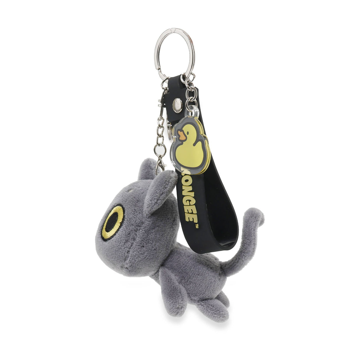 Black cat Plush keychain with a duck logo on a white background