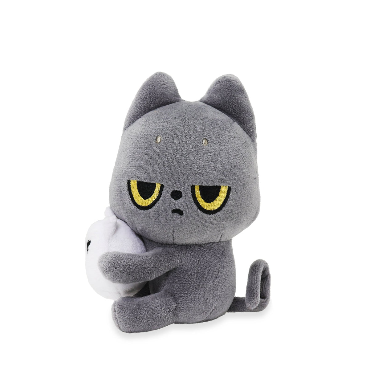 Black Cat plush cat toy with yellow eyes holding a white Snoozy on a white background