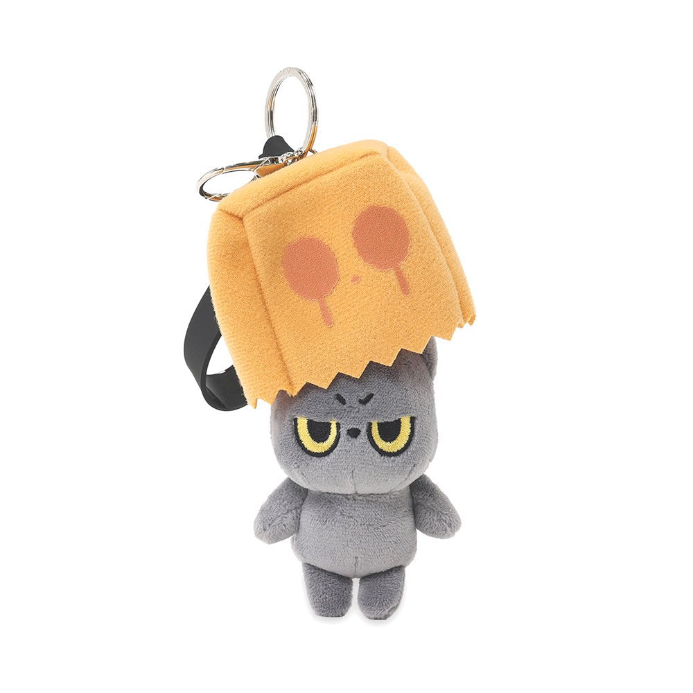 A grumpy Hakongee grey cat plush keychain wearing a brown paper bag over its head, officially licensed and made by WSL