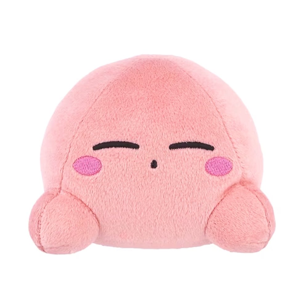 An officially licensed soft, round pink Kirby plush cushion resting peacefully with embroidered closed eyes and rosy cheeks