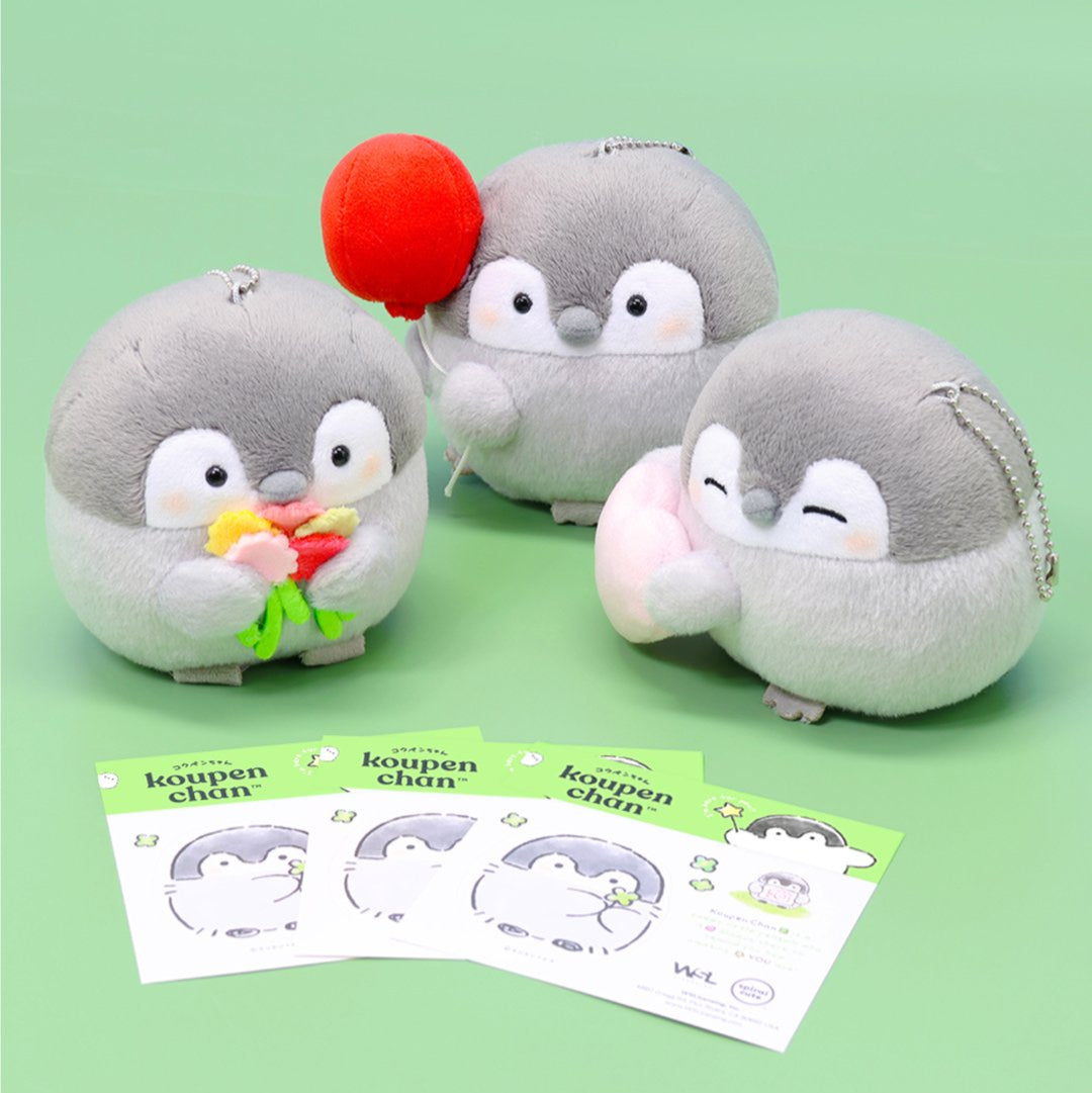 Koupen Chan freebie Gift: Three plush penguin toys with a red balloon and flowers on a green background, accompanied by freebie sticker sheets.